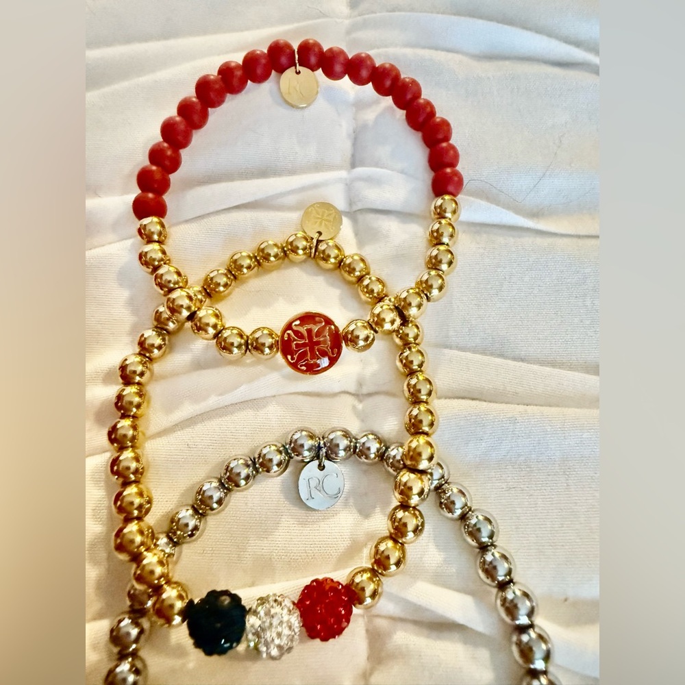 SET OF 3 - Beaded Rustic Cuff Red, Silver, Gold Beaded Bracelets - Picture 2 of 3